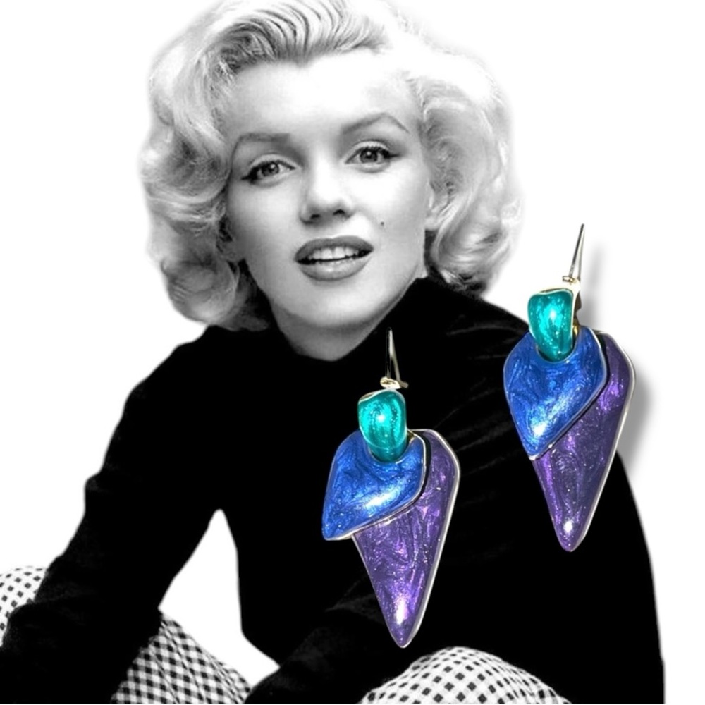 VINTAGE 1990s Blue Purple and Aqua Goldtone Dangle Earrings